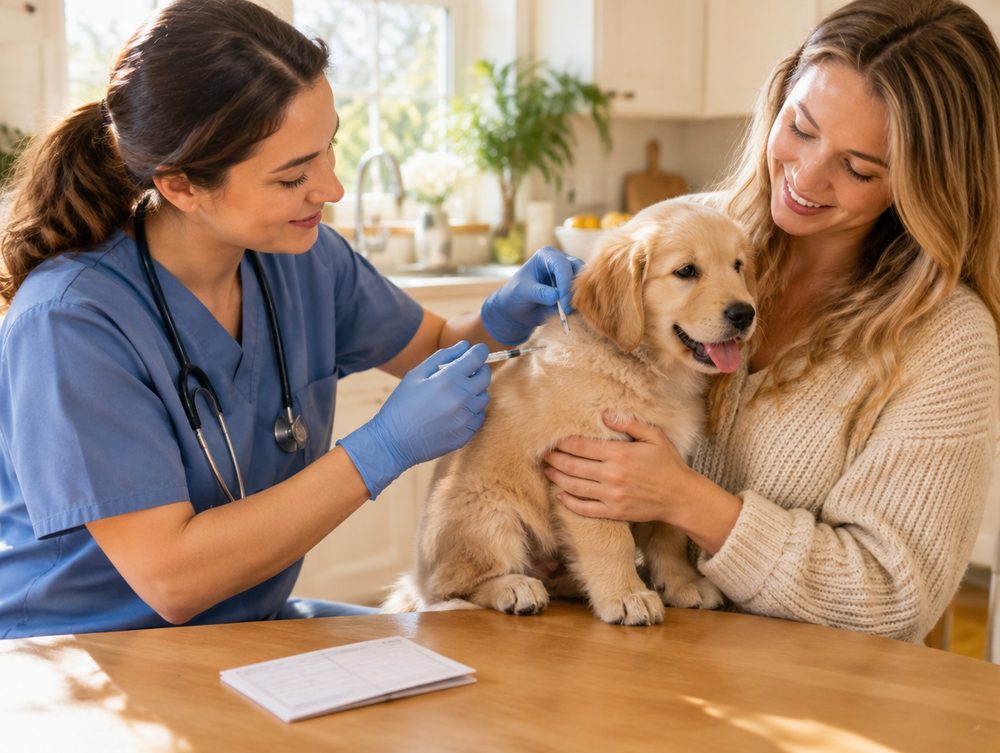 Veterinaria vacunando a un cachorro en casa junto a su tutora (imagen ilustrativa)