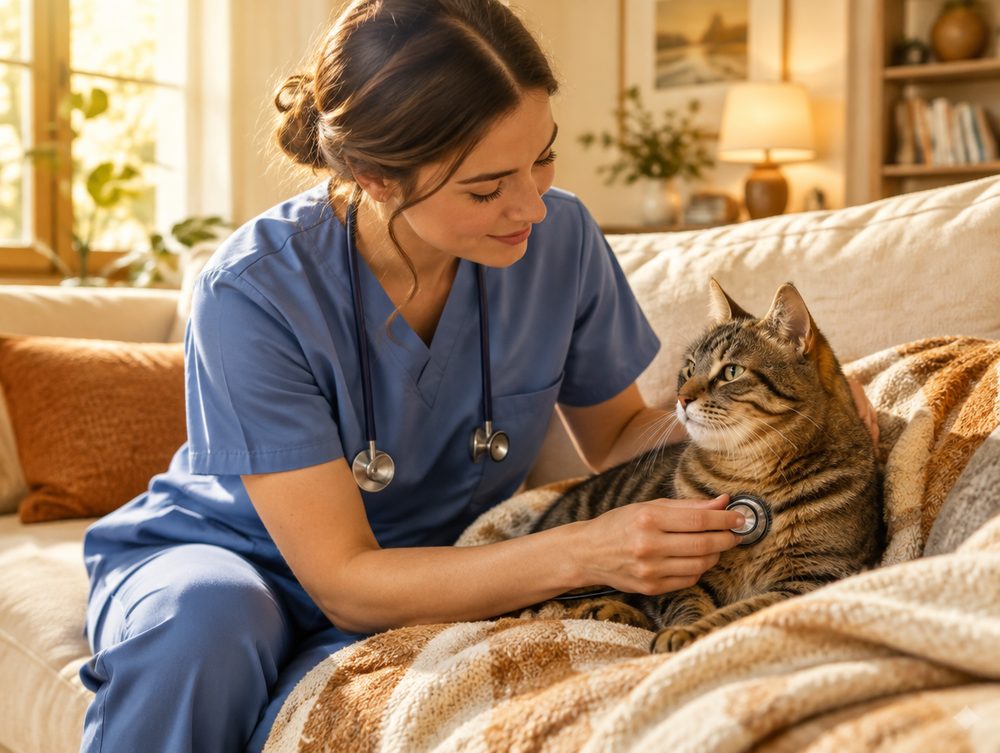 Veterinaria examinando a un gato tranquilo en el sofá de su casa (imagen ilustrativa)